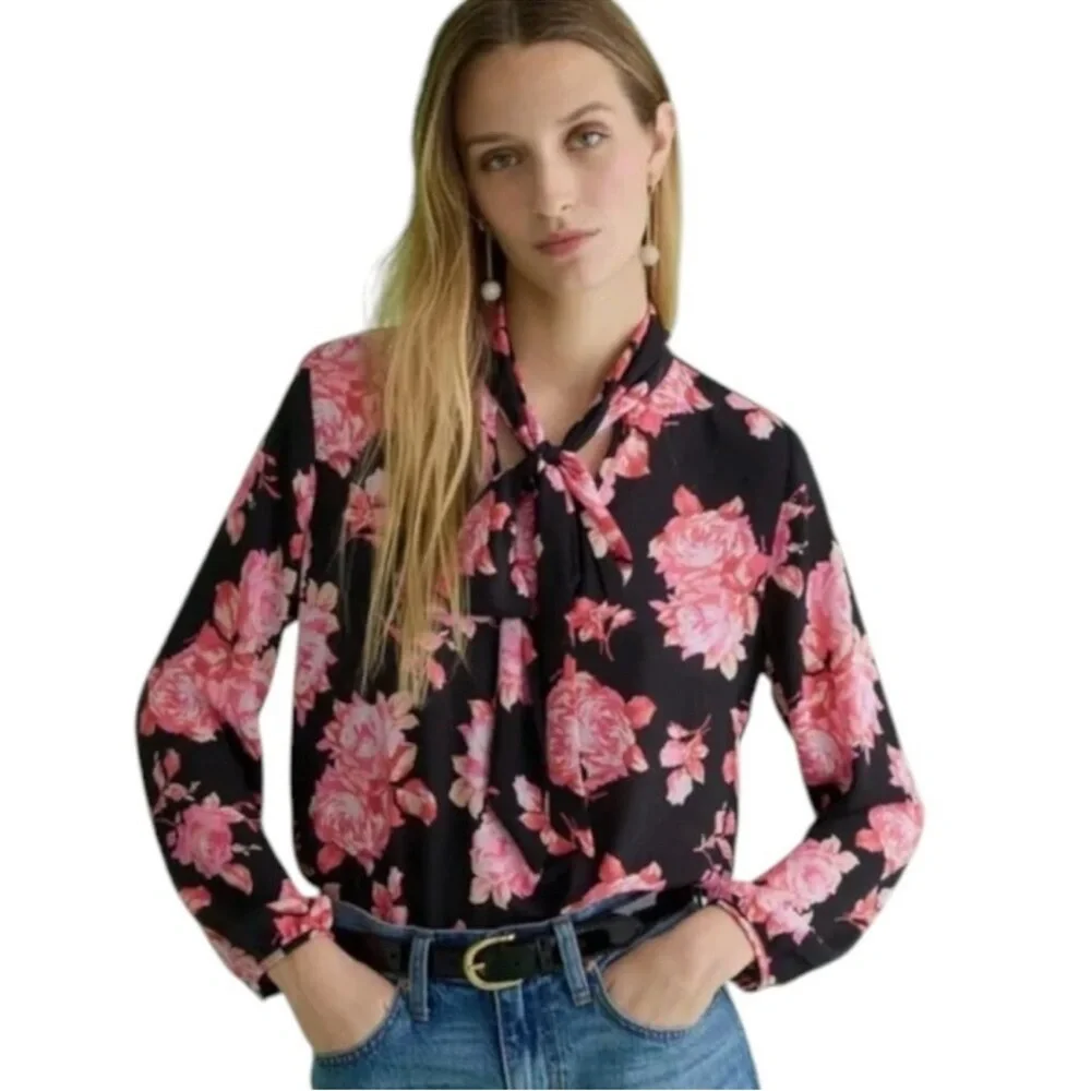 J. Crew Black Pink Floral Long Sleeve Tie Neck Blouse